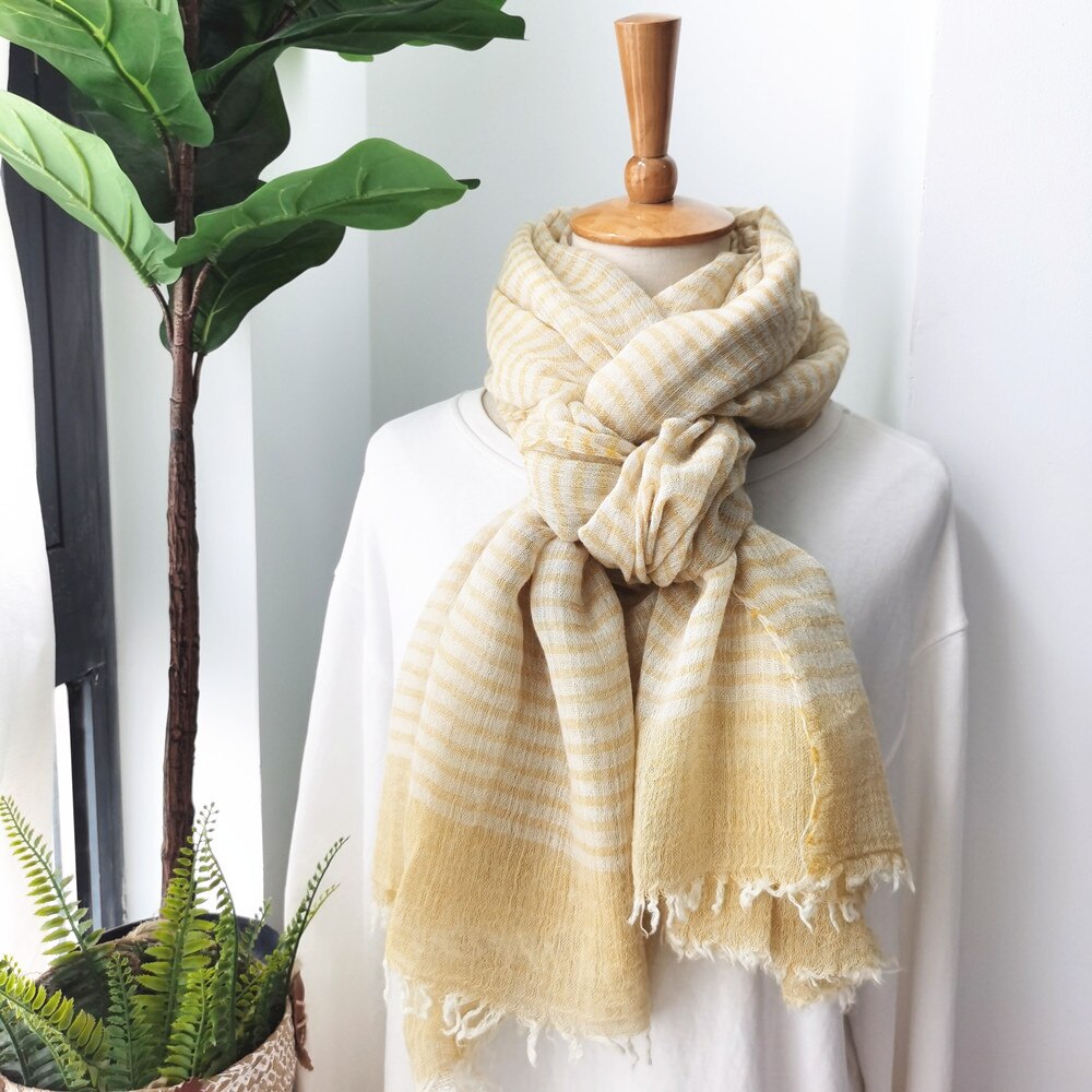 Neue Trendy Striped Frauen Schal Grau Solide Japanische Unisex Stil Baumwolle und Leinen Lange Schal Männer Schal: YELLOW
