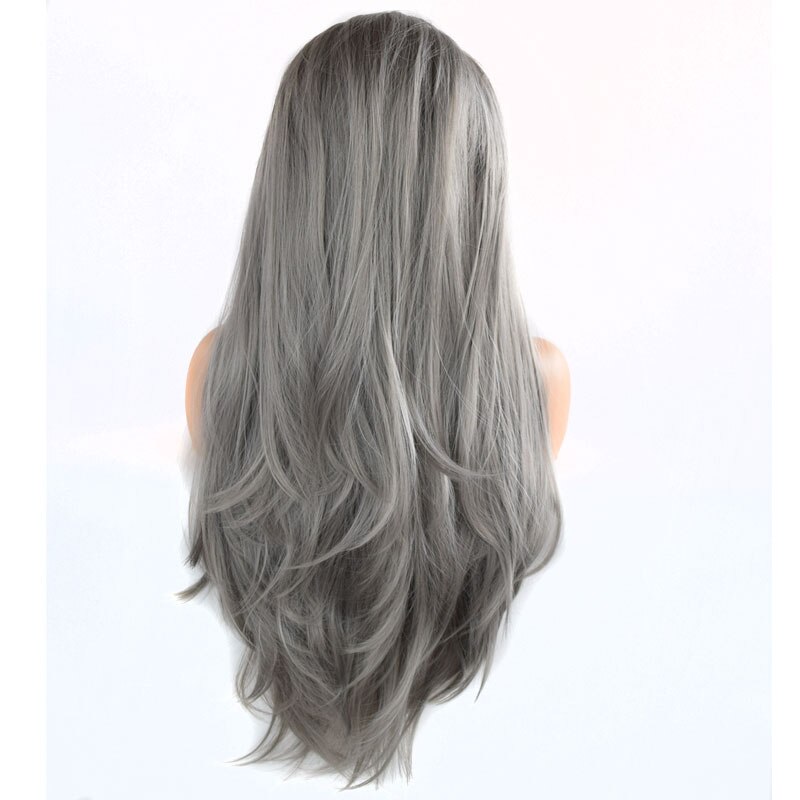 Peluca con malla frontal sintética recta Natural gris oscuro sin pegamento de fibra resistente al calor para pelucas de mujer