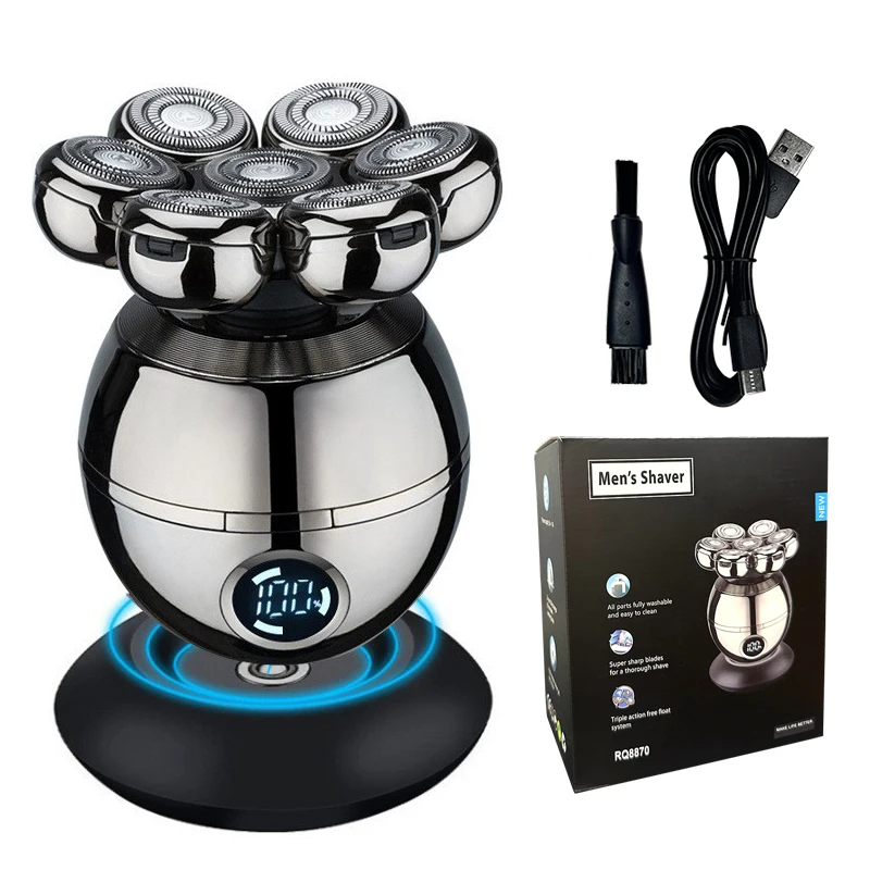 Afeitadora eléctrica 7D, cortadora flotante, Base de cabezal, cortadora de barba portátil para hombres, maquinilla de afeitar eléctrica con cabezal calvo recargable: Azul