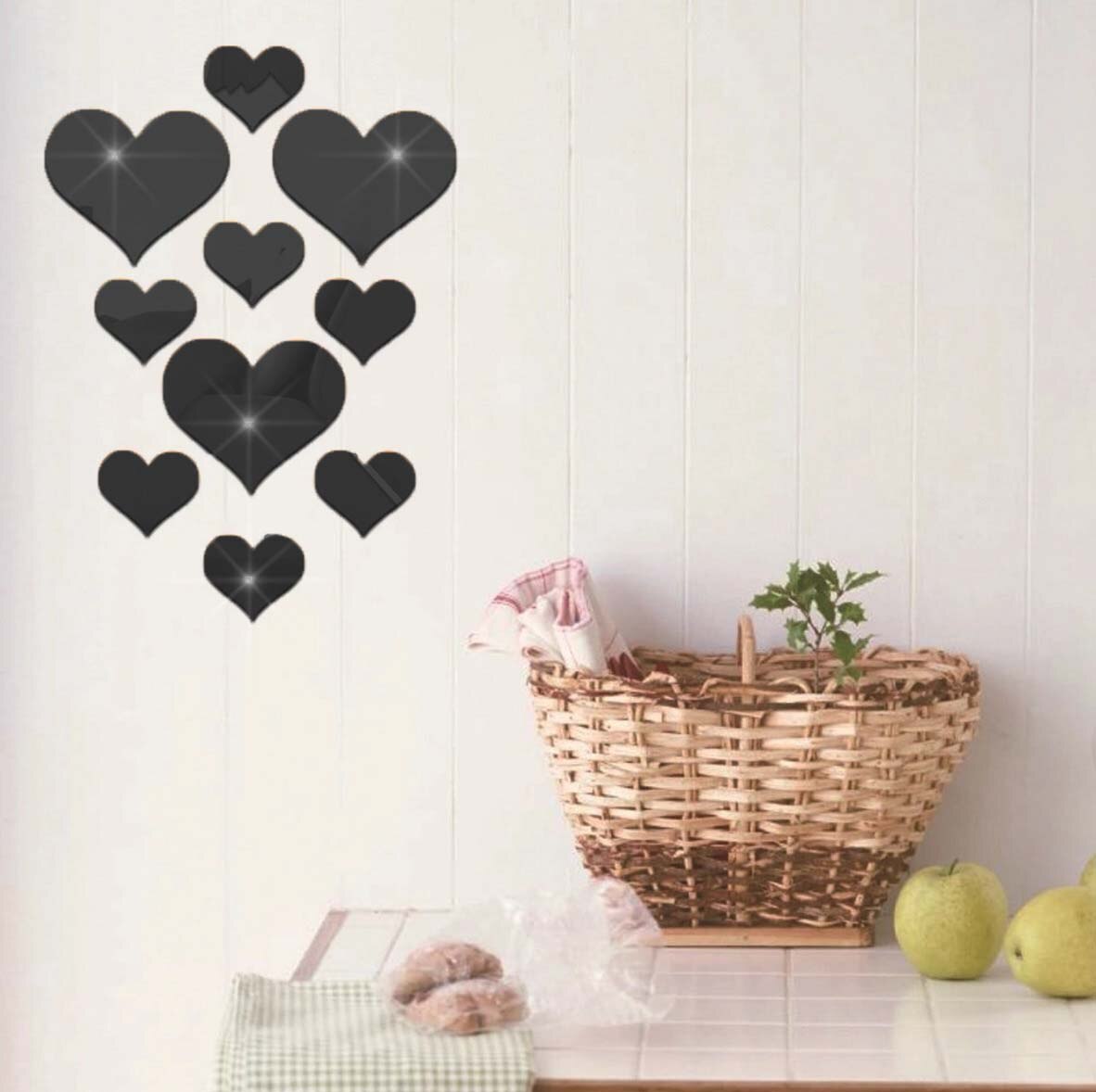 10pcs Love Heart Mirror Wall Sticker Acrylic 3D Mural Decal Removable Bedroom Decoration Wallpaper DIY Decal Art Home Stickers: BK