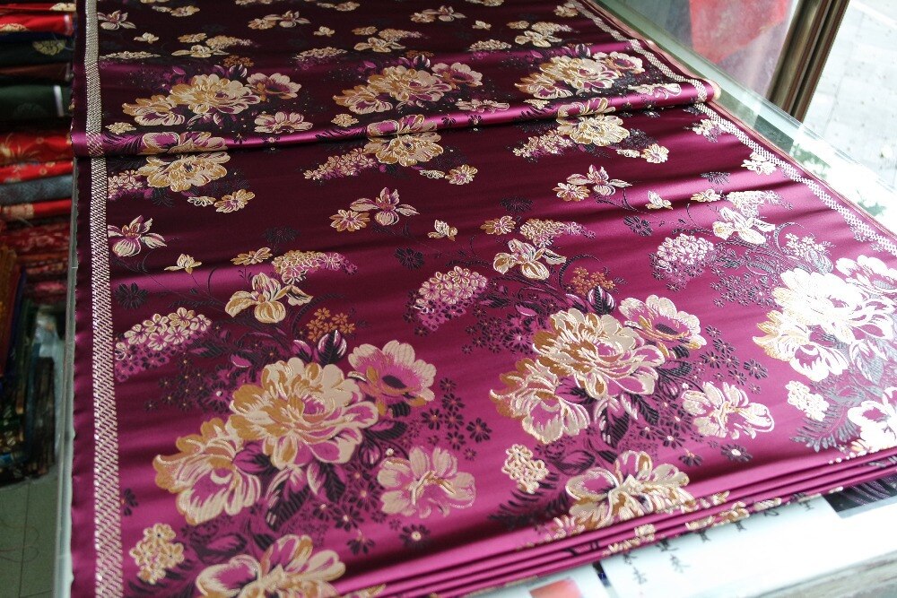 chinese traditional 75CM Polyester fabric brocade cheongsam Scarlet dark red deep red back with big peony pattern Tapestry satin