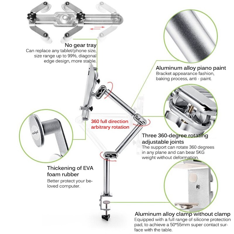 Multifunctional Tablet Holder Clamp Table Foldable Adjustable Stand Aluminum Rotary Wall Mount Bed Bracket for iPad Air Mini