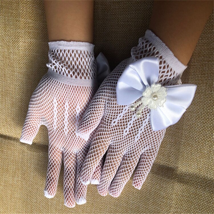 1Pair White Color Wedding Princess Gloves with Mesh Bowknot Wedding Party Bride Gloves Girl Performance Glove