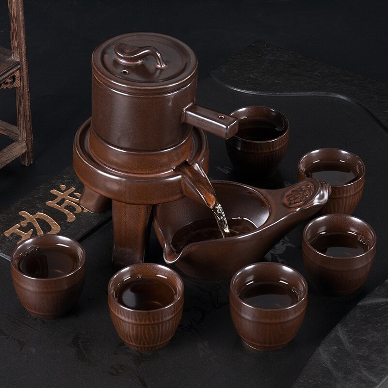 Semi-automatic Tea Set Stone Mill Teapot Household Simple Lazy Ceramic kungfu Tea Cup Set