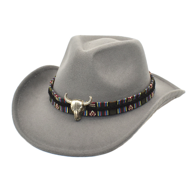Lidasfish-Sombrero de vaquero occidental de ala ancha con banda para la Cabeza de Vaca, sombreros de Jazz de fieltro para hombre y mujer, gorra de Panamá negra, Otoño e Invierno: Gris