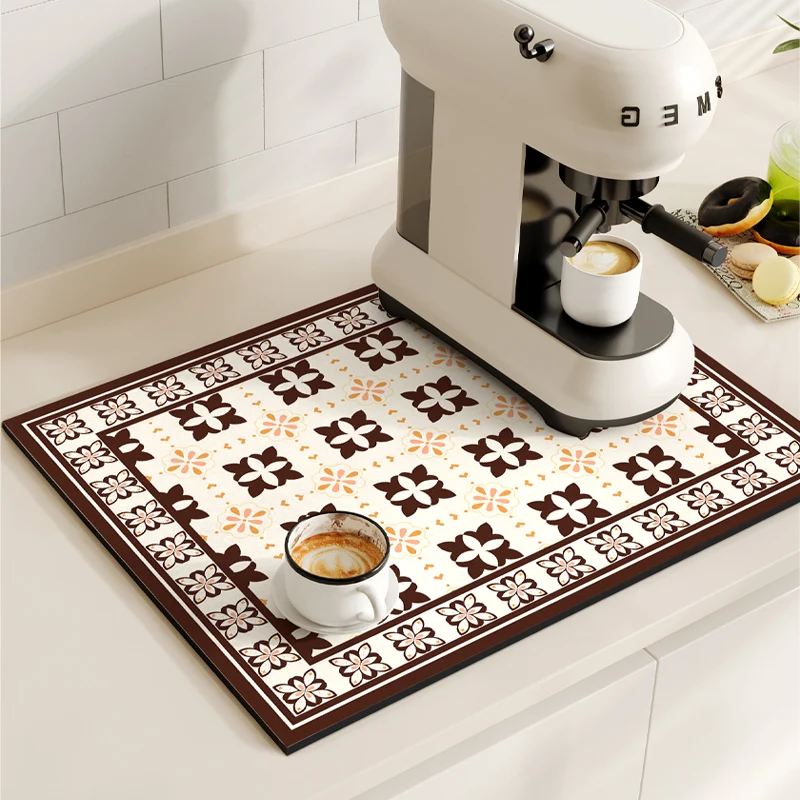 VIKAMA Kitchen Diatom Mud Mat Retro Coffee Machine Mat Waterproof Dish Drying Mats Quick Dry Drain Pad Draining Placemat