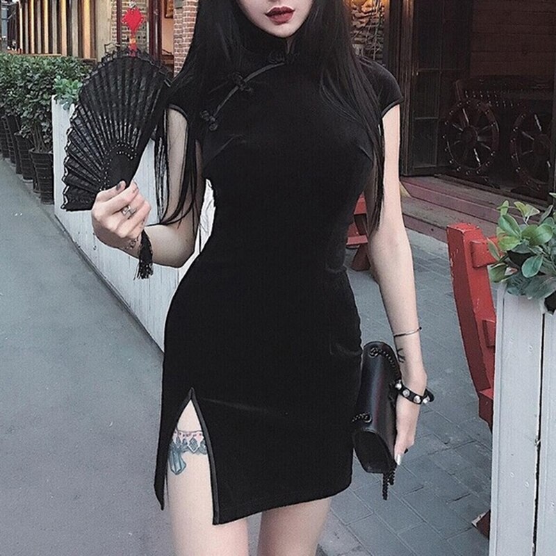 Cheongsam Vintage Chinese Dress Women 3Colors Satin Gothic Style Qipao Short/full Sleeve Party Year Clothes Harajuku Vestido: Black / L