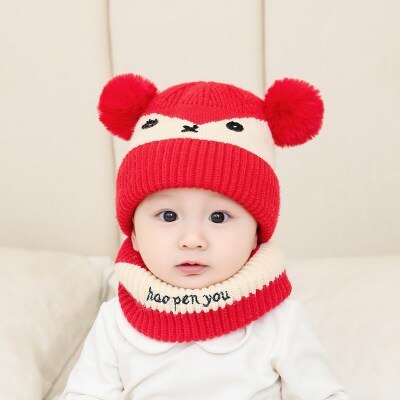 Kindermutsen, babymutsen, babymutsen voor mannen en vrouwen, gebreide mutsen, warme slabbetjes, tweedelige: Rood