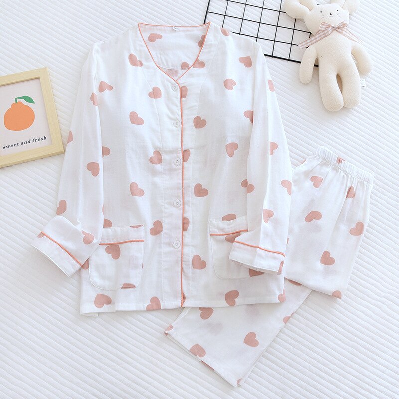 Fdfklak Spring Pajamas Double Gauze Cotton V-Neck Cardigan Lingere Thin With Chest Pad Love Print Sleeping Suits Female