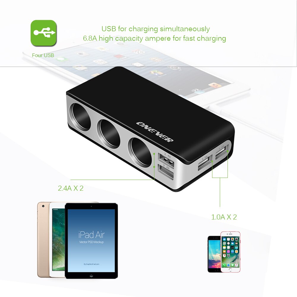 4 USB Port 3 Way Car Cigarette Lighter Socket Splitter 120W Output Power Adapter 12~24V Charger Fast Charging Voltmeter Display