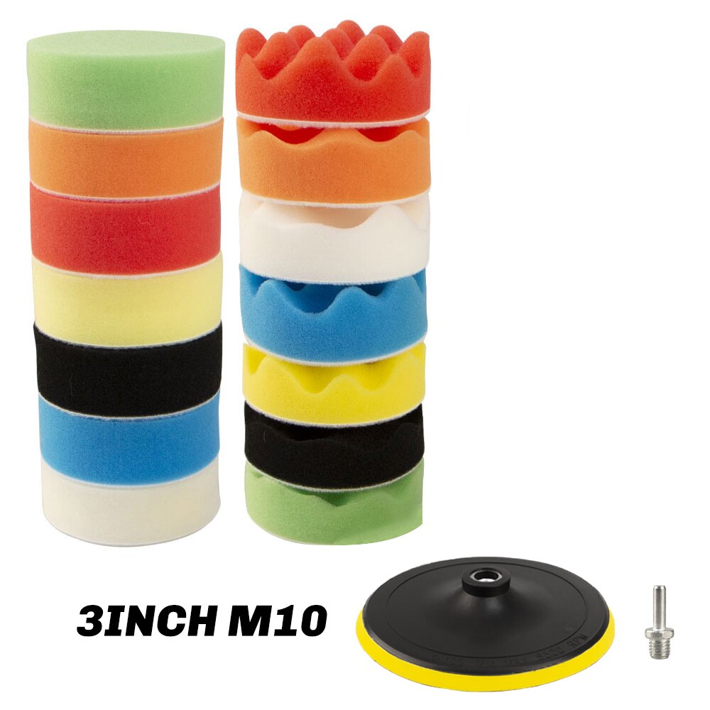 Almohadillas de pulido para coche, Kit de almohadillas de esponja para pulir, adaptador de taladro, herramientas eléctricas, accesorios para automóviles, M10, M14, 16 Uds.: 3INCH KIT M10