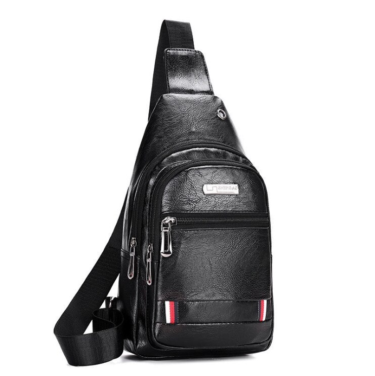 Mannlig usb-lading skulder crossbody-vesker herre anti-tyveri brystveske gymtilbehør sport reisepakke veske: Svart lær