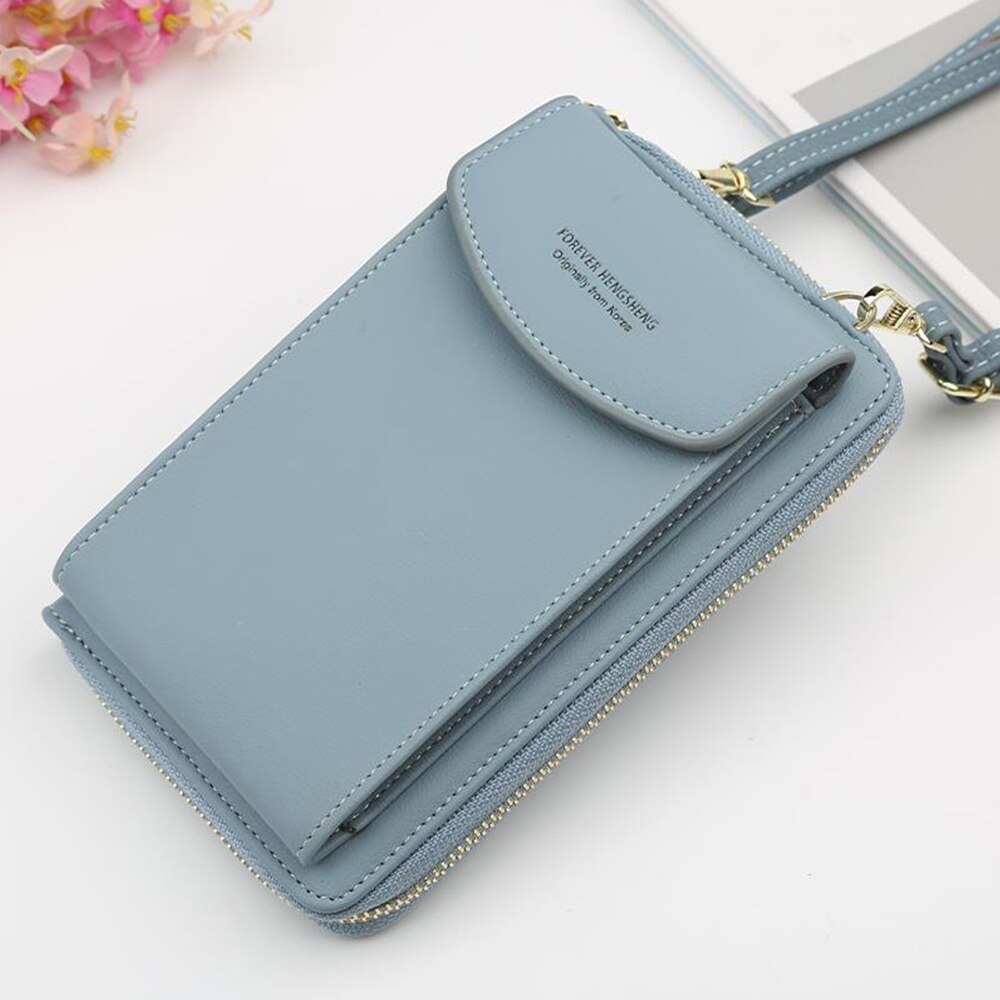 Women Wallet Solid Leather Shoulder Straps Shoulder Bag Mobile Phone Big Card Holders Wallet Handbag Pockets girls: Light Blue