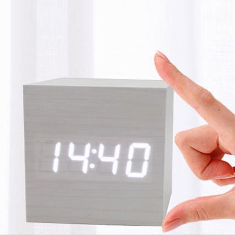 1Pcs Moderne Houten Houten Vierkante Led Wekker Multicolor Sound Control Horloge Tafel Voice Control Kalender Thermometer Display