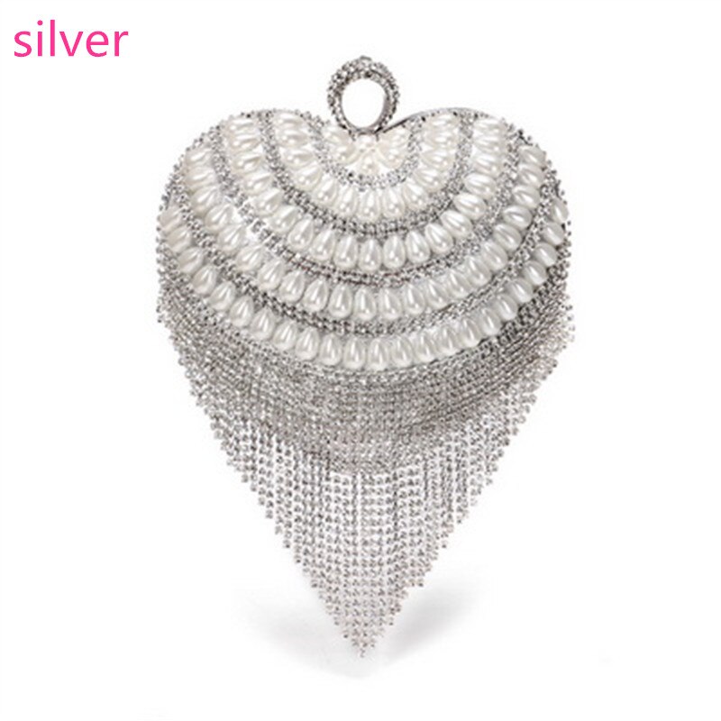 Small Clutches Women Tassel Heart Day Finger Ring Metal Crystal Evening Bags with Handle Beaded Purse Party: Silver