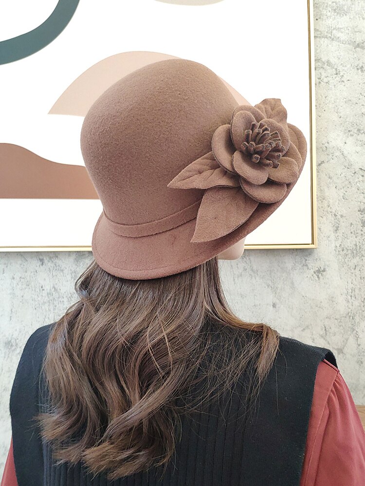 Chapeau Fedora en laine pour femmes, chapeau seau à fleurs texturées, , en forme de dôme, à la , automne hiver