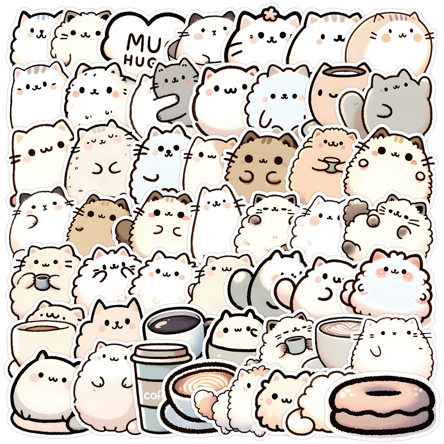 50 śliczne, grube naklejki z kotami kawaii, estetyczne naklejki do samodzielnego wykonania, do scrapbookingu, na telefon, do pamiętnika, do graffiti, wodoodporne, urocze naklejki