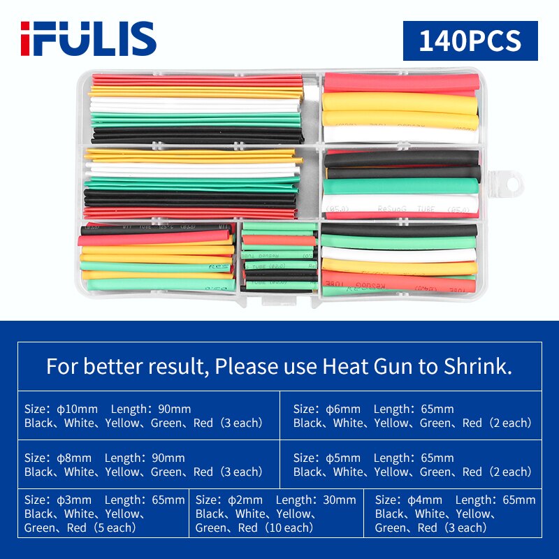 Tubes thermorétractables pour isolation, 800/780/580 pièces, gaine rétractable pour câble de voiture 2:1, plusieurs couleurs: 140PCS (Box)