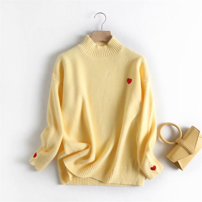 H. Sa Vrouwen Winter Trui En Gebreide Jumpers Coltrui Pull Femme Hart Borduurwerk Sueter Mujer Winter Pull Trui: LM8683-W  Yellow