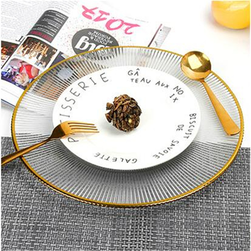 2pcs Glass Dinner Plates Gold Inlay Steak Cake Dessert Charger Plate Table Buffet Dishes Table Service Plates for Wedding Party