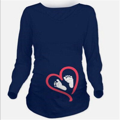 Mammakläder gravid långärmad t-shirt ledig mammakläder kläder för gravida gravidklänning: Långärmad marinblå / L