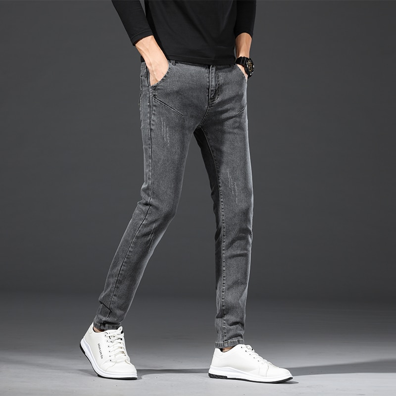 Men Streetwear Vintage gray Slim fit Jeans Trousers Male Simple Style Cotton Casual Straight Denim pants