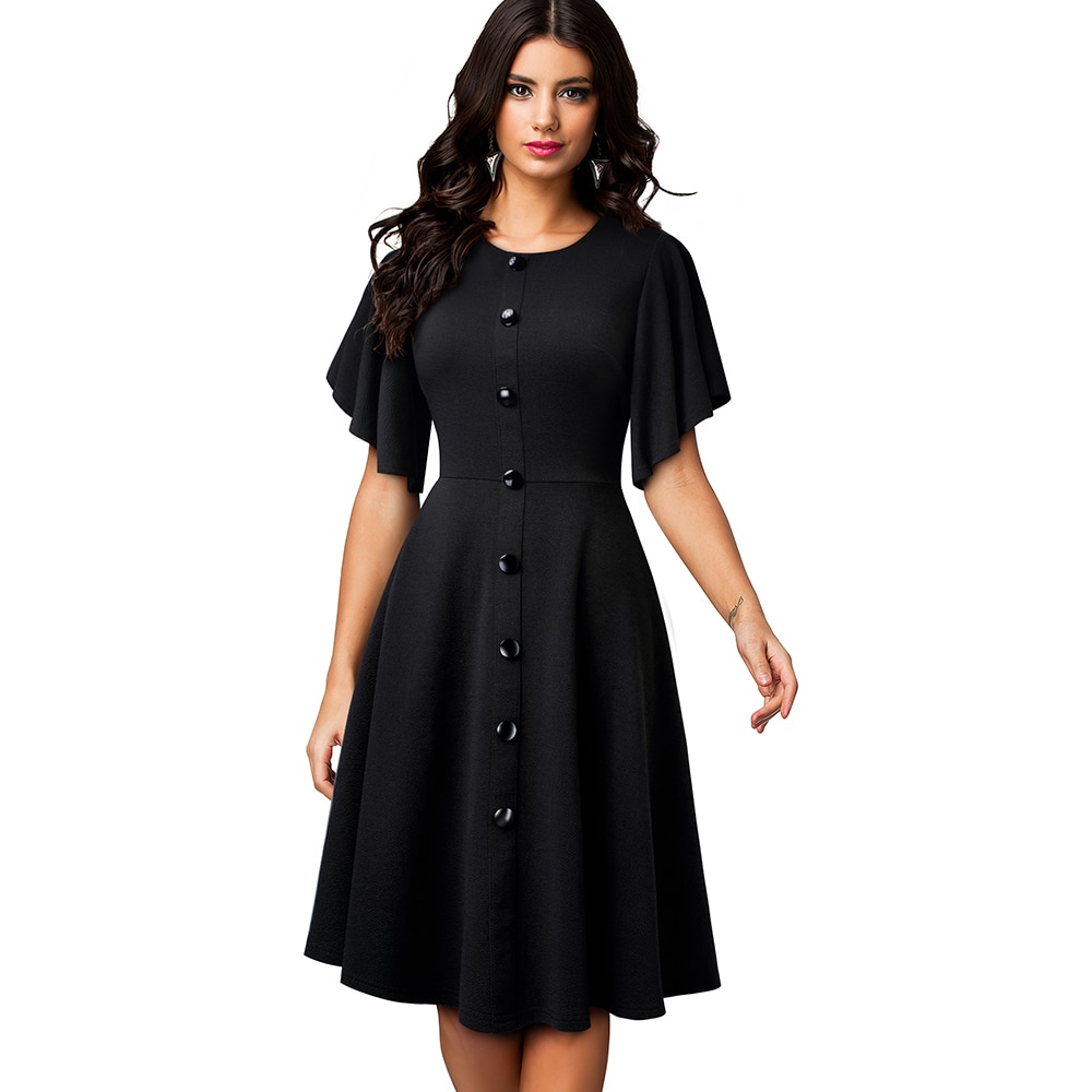 Nizza-für immer Sommer Frauen Einfarbig Elegante Schößchen Hülse Kleider lässig aufflackern Schaukel A-Linie Kleid A248