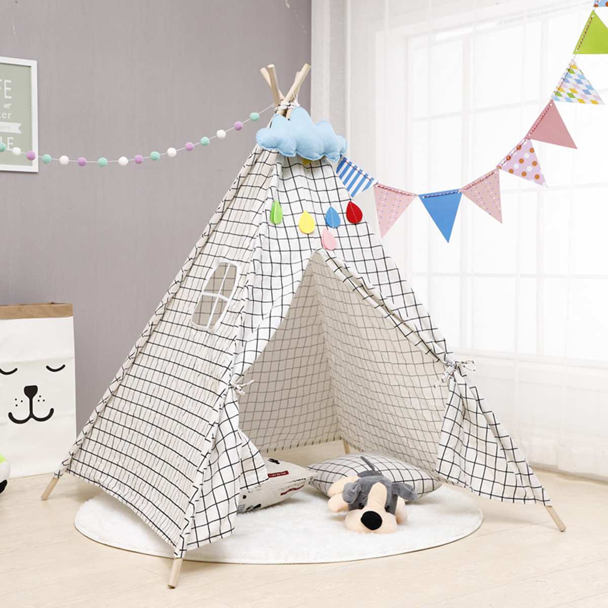 110cm Teepee Large Cotton Linen Kids Teepee Playhouse Indian Play Tent House White Children Tipi Tee Pee Tent: 1