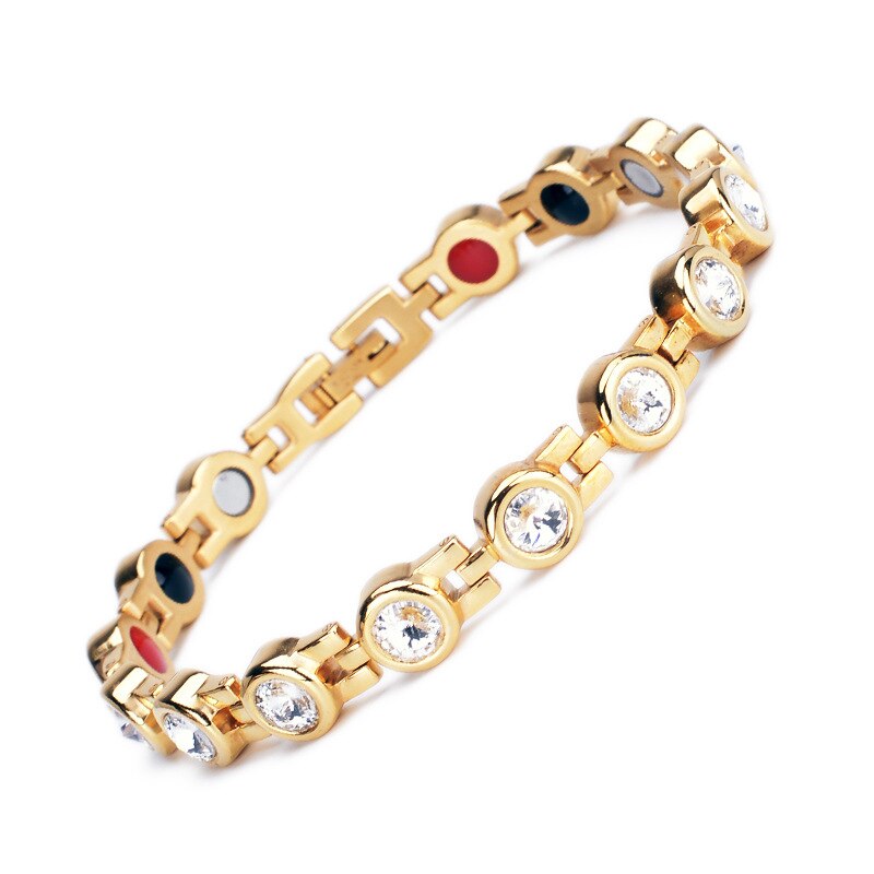 Rhinestone Woman Magnetic Power Bracelet Health Energy Gold Jewelry Lady Stainless Steel Bracelets Bangles: Gold