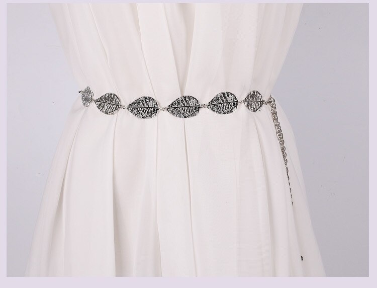 Women Belt Metal Brand Luxury Leaves Belt Alloy Waistbelt Decoration Leaf Thin Gold Waist Chain Belt Ladies: silver