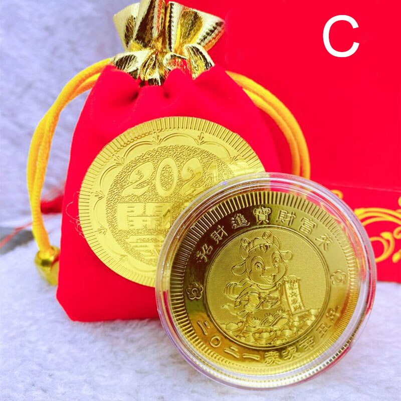 Year of The Ox Zodiac Gold Coin with Year Red Cloth Bag Commemorative Coin Feng Shui Decorations Supplies GHS99: c