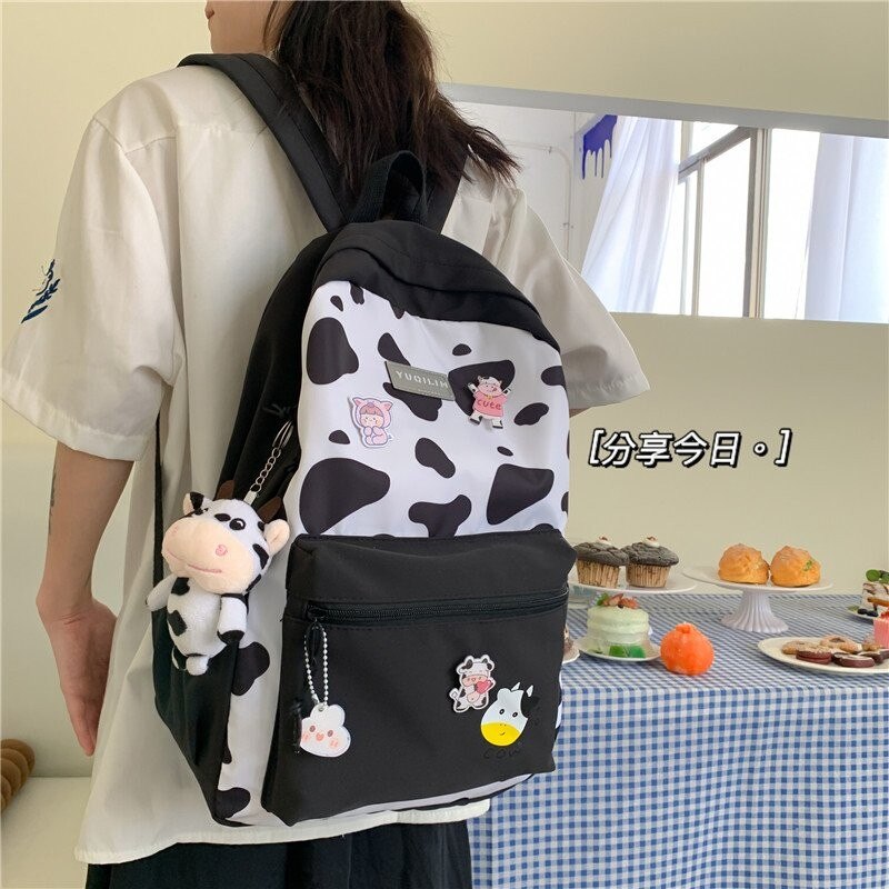 Cow Pattern Nyon Women Backpack Female Lovely School Bag For Teenage Girls Large Capacity Contrast Color Travel Bag Mochila