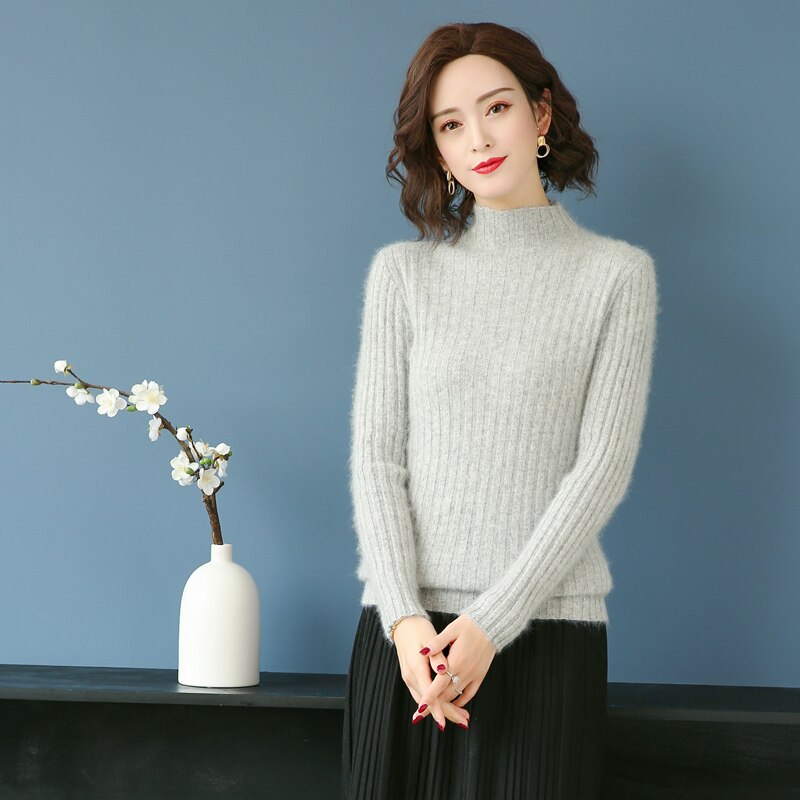 Varm 100%  mink kashmir sweater strikkede pullovere til kvinder vinter høj elasticitet bløde toppe høj krave afslappet basisk dameskjorte