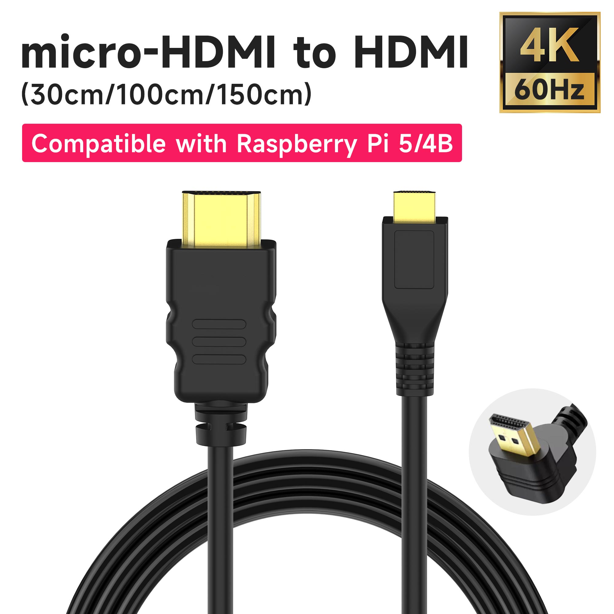 Raspberry Pi 5/4B Micro-HDMI to HDMI Cable Display Adapter 30CM 100CM 150CM Length Optional Support Dual HD 4K Video 1080P 240Hz