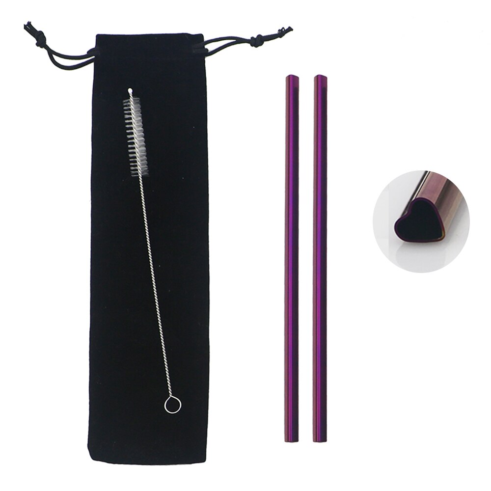 2/4Pc Reusable Love Shape Drinking Straws Set Wedding Decoration Metal Straw Stainless Steel Straw Straight Straw Birthday Party: 2 Pcs Purple