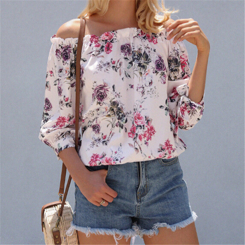 Mujeres hombro blusa, polera Floral de verano Casual Tops señora Loose camisa de manga corta de ropa de cuello ojal