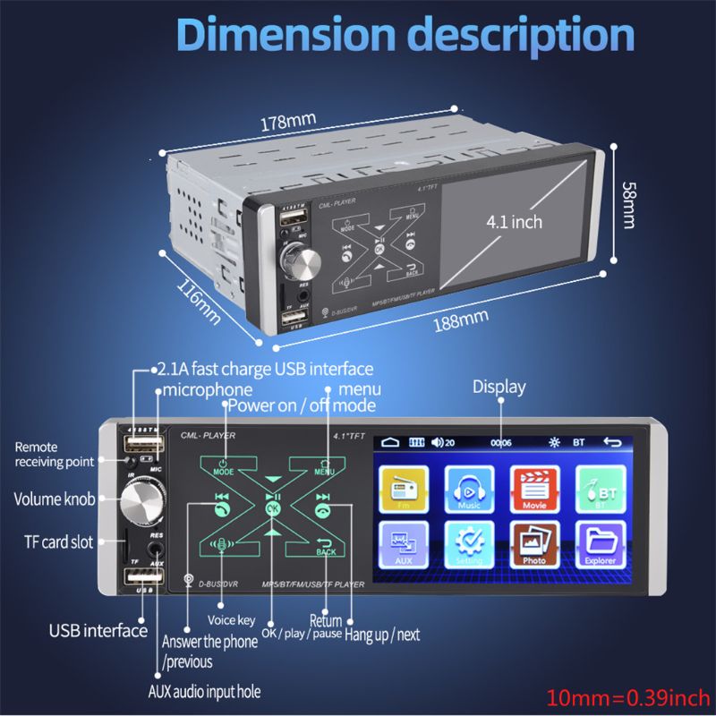 4.1 inch Car Stereo Bluetooth 5.0 FM AI Voice AUX MP5 Player 1 Din Vehicle Car Radio Mirror Link +Mic Steering Wheel Control