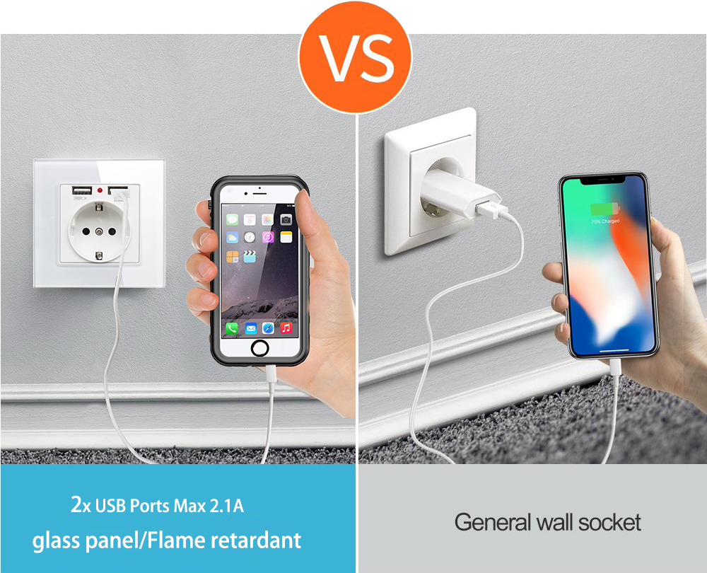 86*86mm Glass Panel EU Stopcontact met 2.1A 2 USB Poorten Opladen, 16A 2100mA Elektrische Stopcontact