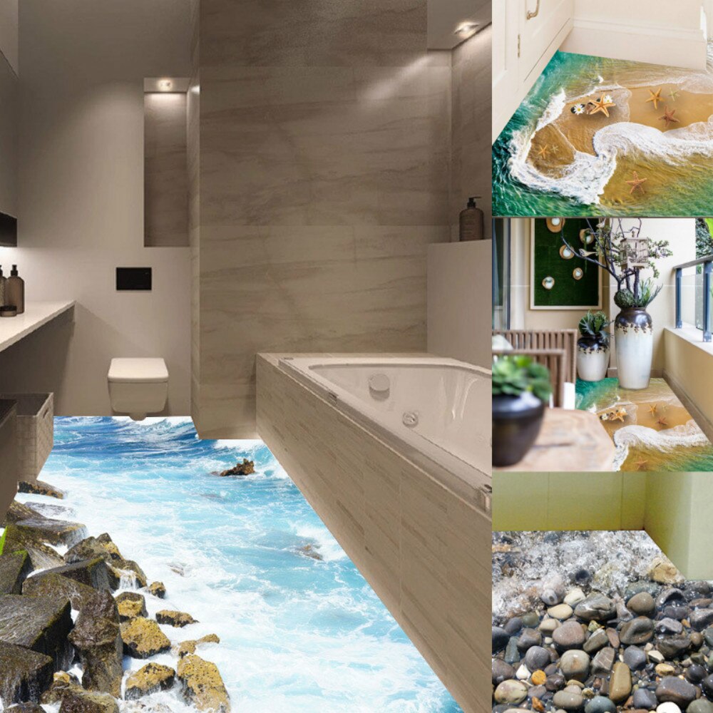 3D Floor Wall Stickers Beach Removable Mural Decals Bathroom Bedroom Home Decor 50X70cm
