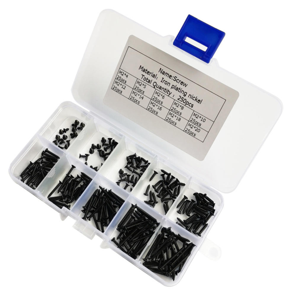 250Pcs M2 Stainless Steel Self Tapping Wood Screw Assortment Kit Lock Nut Wood Flat Head Thread Nail Screws Fastener Sets