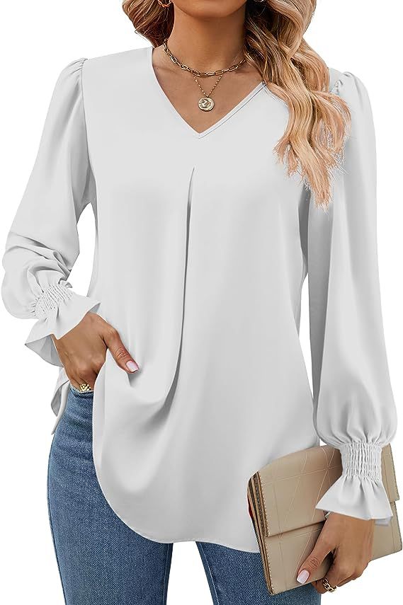 Solid Color Women's Shirt Autumn Item Solid Color Chiffon Shirt V-neck Pullover Trumpet Long Sleeved Top Blouse: L / WHITE