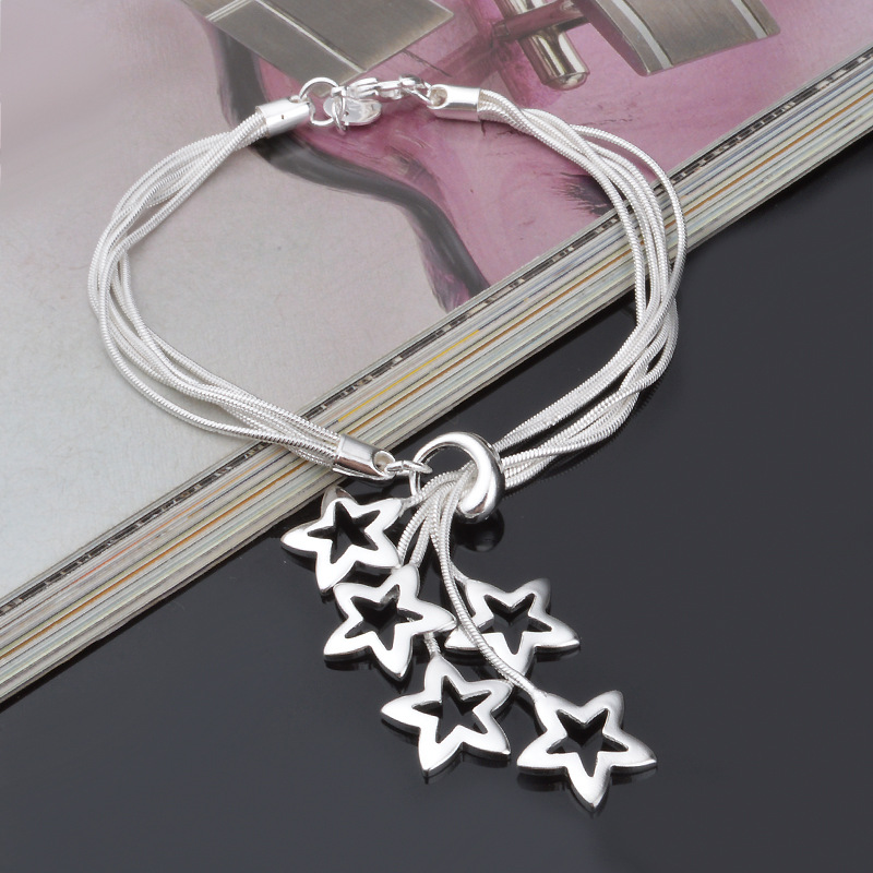 OMHXZJ Persoonlijkheid Mode OL Vrouw Meisje Zilveren Multi Lijnen Hollow Star Charm 925 Sterling Zilveren Armband BR42