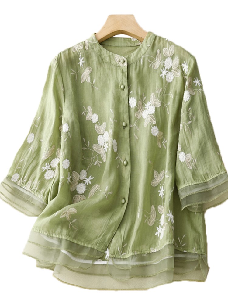 Frühling Sommer Frauen Hemd Bluse gespleißt Dreiviertel Gaze Stand Hals einreihig Brüste Folk bestickte Strickjacke Tops