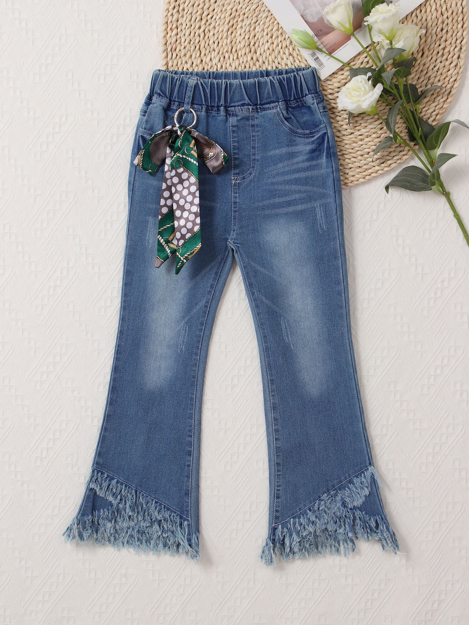 Jeans évasés printemps-automne pour adolescentes coréennes, pantalons en Denim avec nœud suspendu, décor avec ourlet à glands, bas de cloche, pour enfants de 4 6 8 10 12