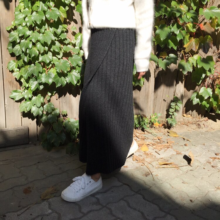 Winter herfst brei rok hoge taille ol lange kokerrok dames open spleet warme dikke gebreide casual vintage maxi rok: Zwart
