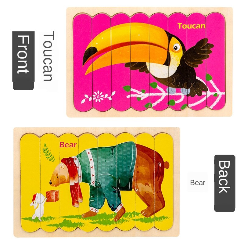 Di legno creativo ice cream bar di puzzle per bambini educativi del fumetto traffico animale storia double-sided cognitivo puzzle: Toucan and Bear