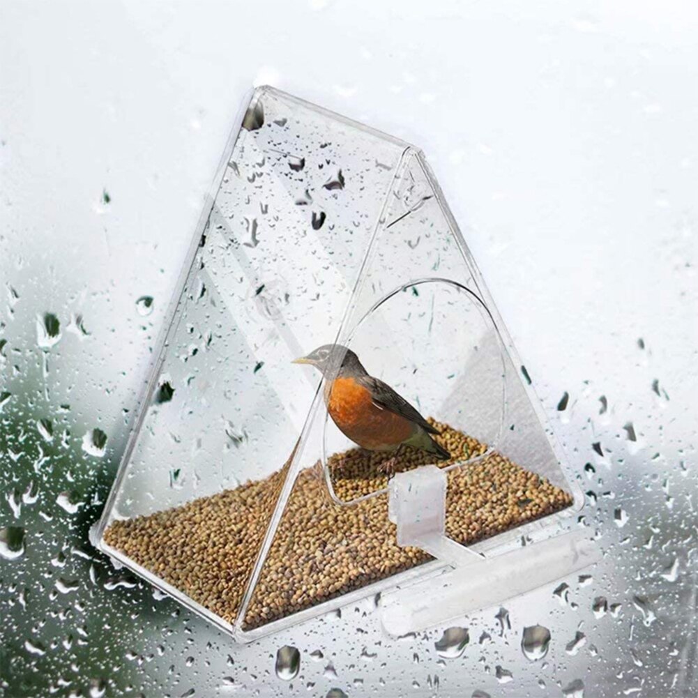 Transparent Acrylic Bird Feeder Bird Food Seed Holder Container Triangular Hanging Suction Clear Viewing Bird Cage Box