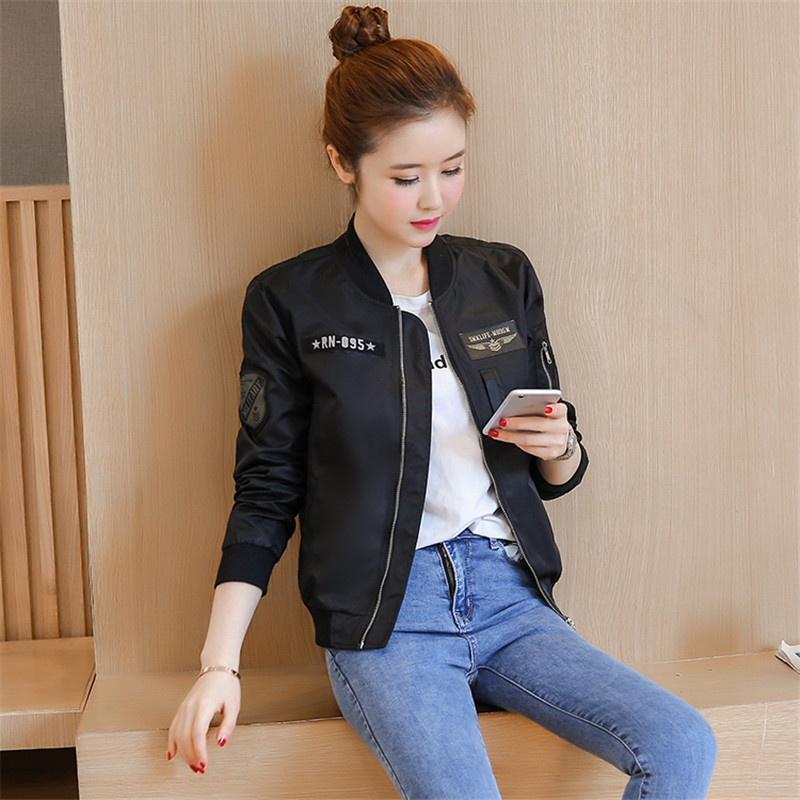 Lente Vrouwen Zwart En Legergroen Mode Korte Toevallige Jas Vrouwelijke Losse Lange Mouwen Baseball Jacket Coat LZ191: black / M