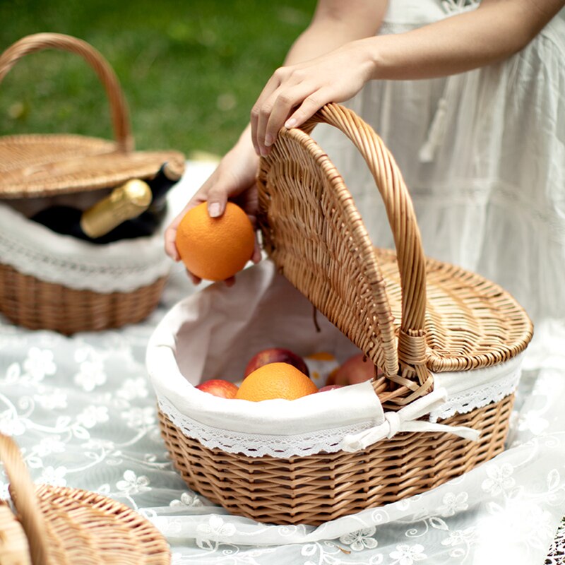 Cesta de Picnic hecha a mano, bolsas de mimbre para el almuerzo, cesta de almacenamiento de Compras de para Camping con tapa, cesta de almacenamiento de alimentos tejida para mujeres, cesta para fruta