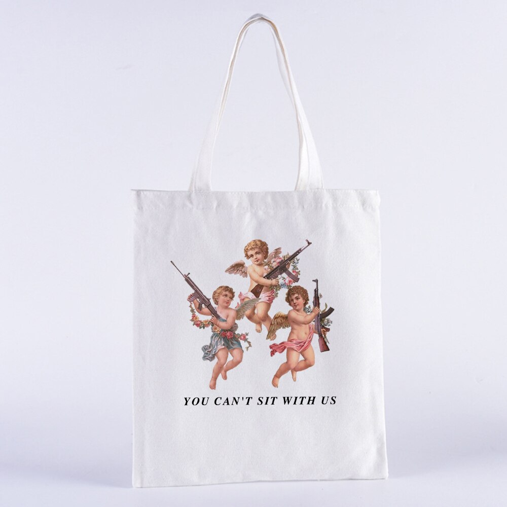 YOU CAN'T SIT WITH US Vintage Harajuku Angel Female College Canvas Shoulder Bag Casual Large Capacity White Totes: B0098-TBWH-M